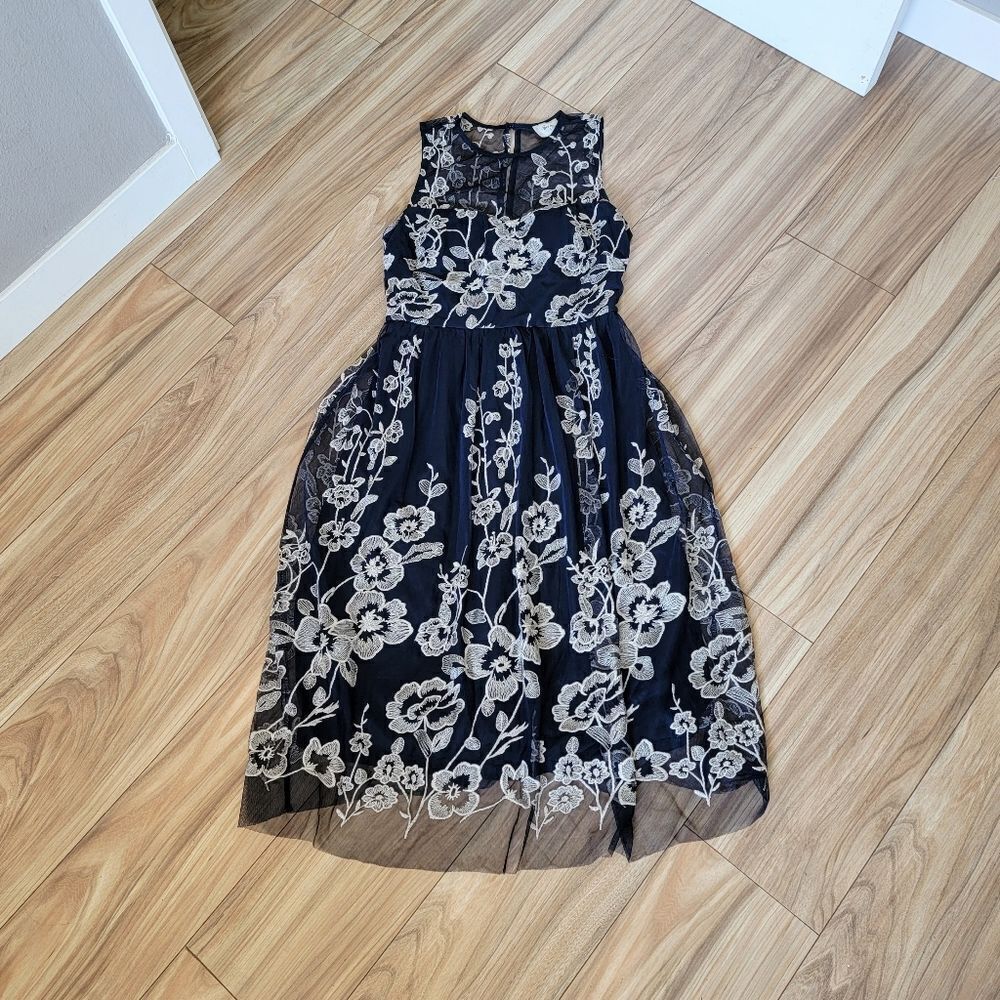 Beige by ECI Embroidered Tulle Illusion Midi Dress in Black Navy